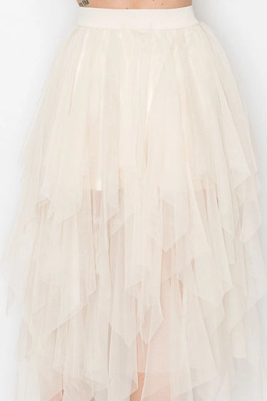 Layered Mesh Midi Skirt Beige