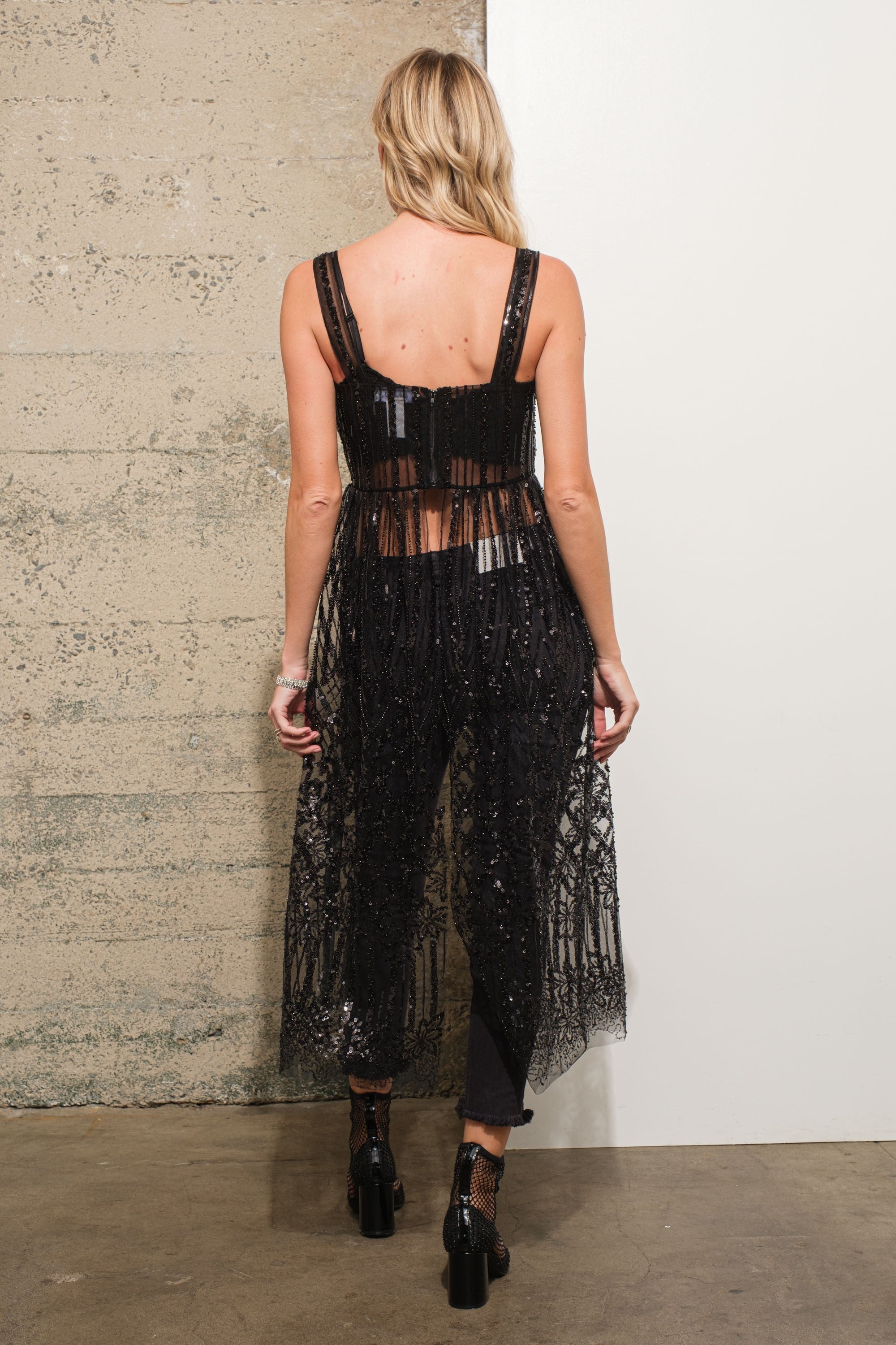Sequin Sheer Cover Up Slit Long Top Black