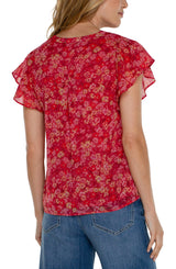 Double Layer Flutter Sleeve Pintuck Blouse Berry Blossom Floral