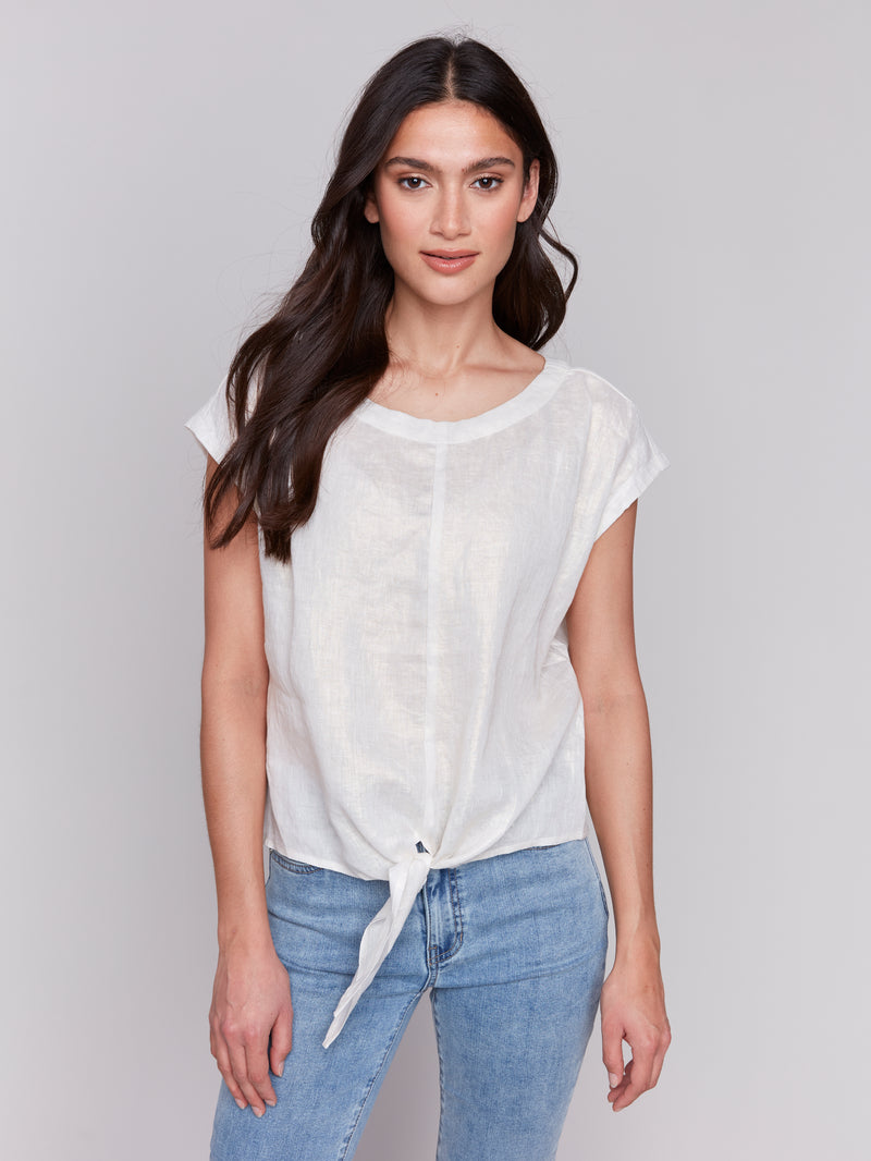 Brushed Foil Linen Tied From Cap Sleeve Top Champagne