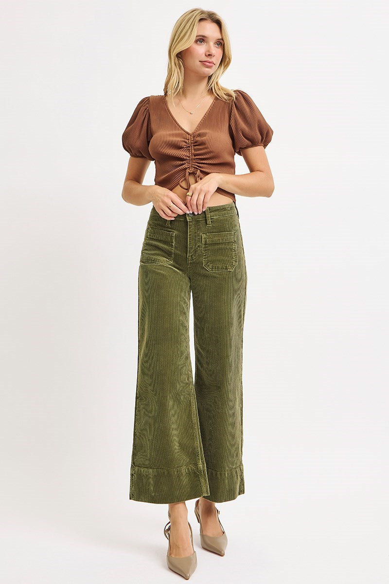 High Rise Crop Wide Patch Pocket Corduroy Pants Moss