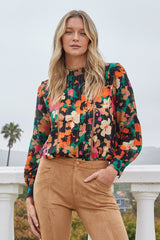 Floral Tucked Detail Lace Insert Blouse Navy Multi