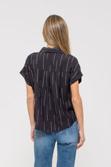 Line Print Short Sleeve Collared Button Down Shirt Black