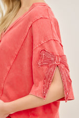 Mineral Washed Bow Trim Slit Sleeve Top Red