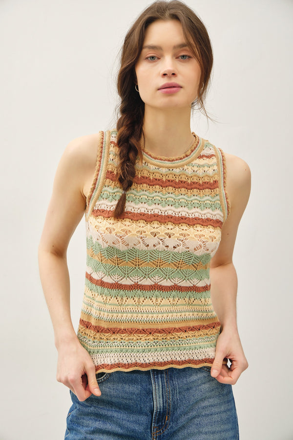 Crochet Knit Multi Color Striped Tank Sage