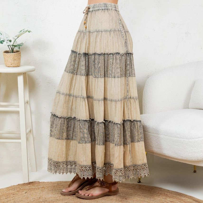 7 Tiered Crinkle Lace Patchwork Skirt Latte