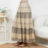 7 Tiered Crinkle Lace Patchwork Skirt Latte