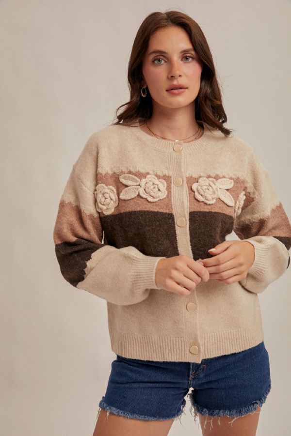 Color Block Rosette Detailed Sweater Cardigan Oatmeal + Mauve
