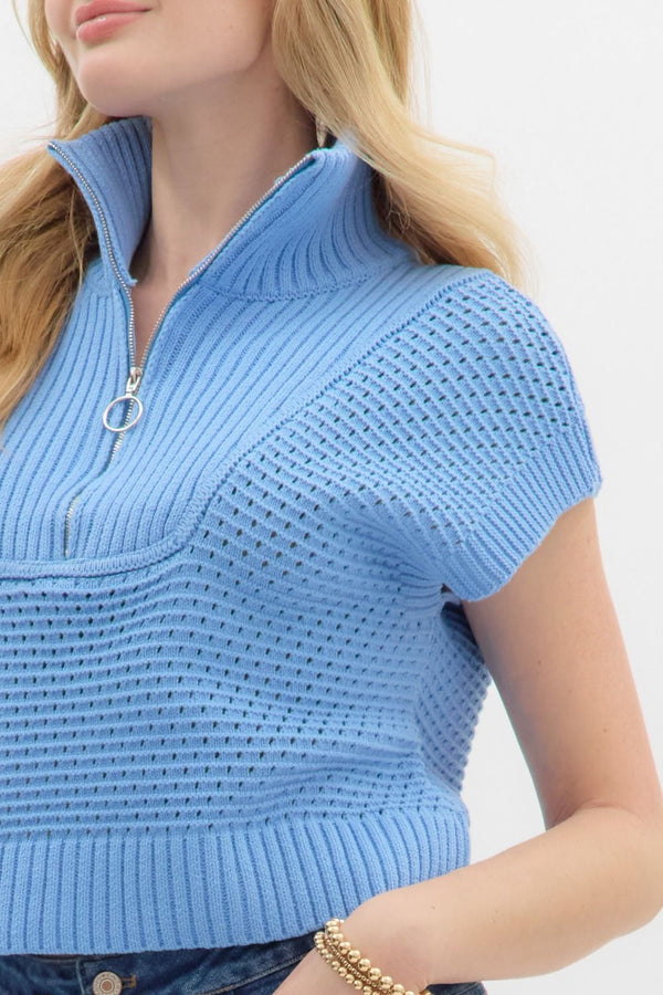 Cap Sleeve Sweater Knit Quarter Zip Pullover