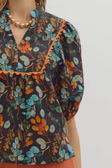 Botanical Print Band Collar Scallop Detail Dolman Top Black