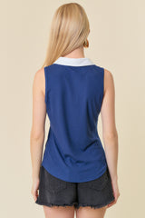 Collar Neck Ribbed Colorblock Henley Tank Navy + White