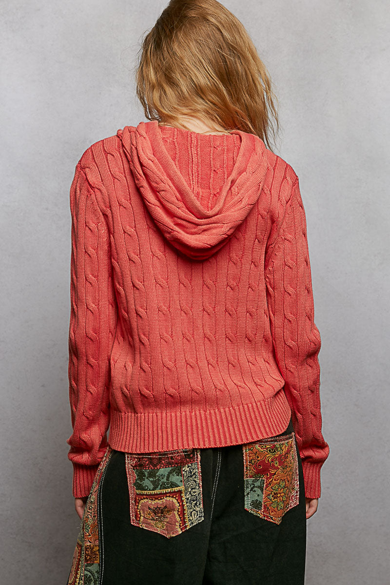 Floral Lace String Cable Knit Zip Hoodie Sweater Ruby