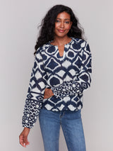 Printed Raglan Sleeve Popover Blouse Navy