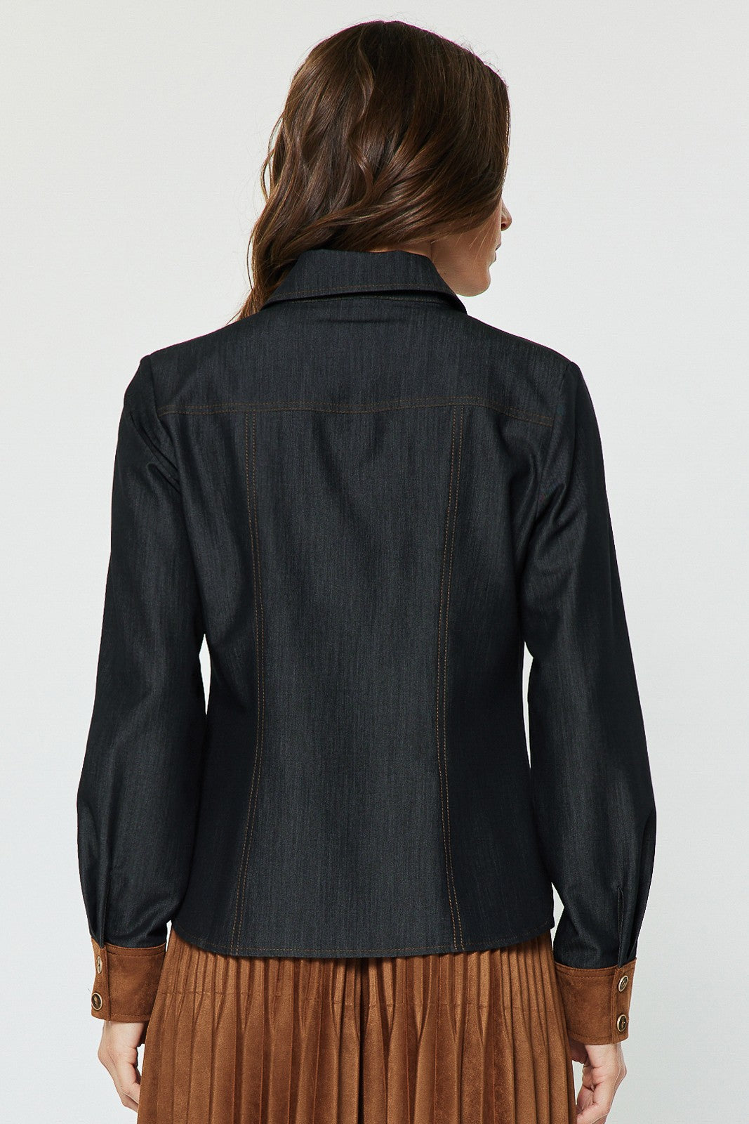 Suede Tie Denim Button Down Shirt Dark Denim