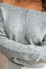 Off Shoulder Cropped Button Sweater Cardi Heather Grey