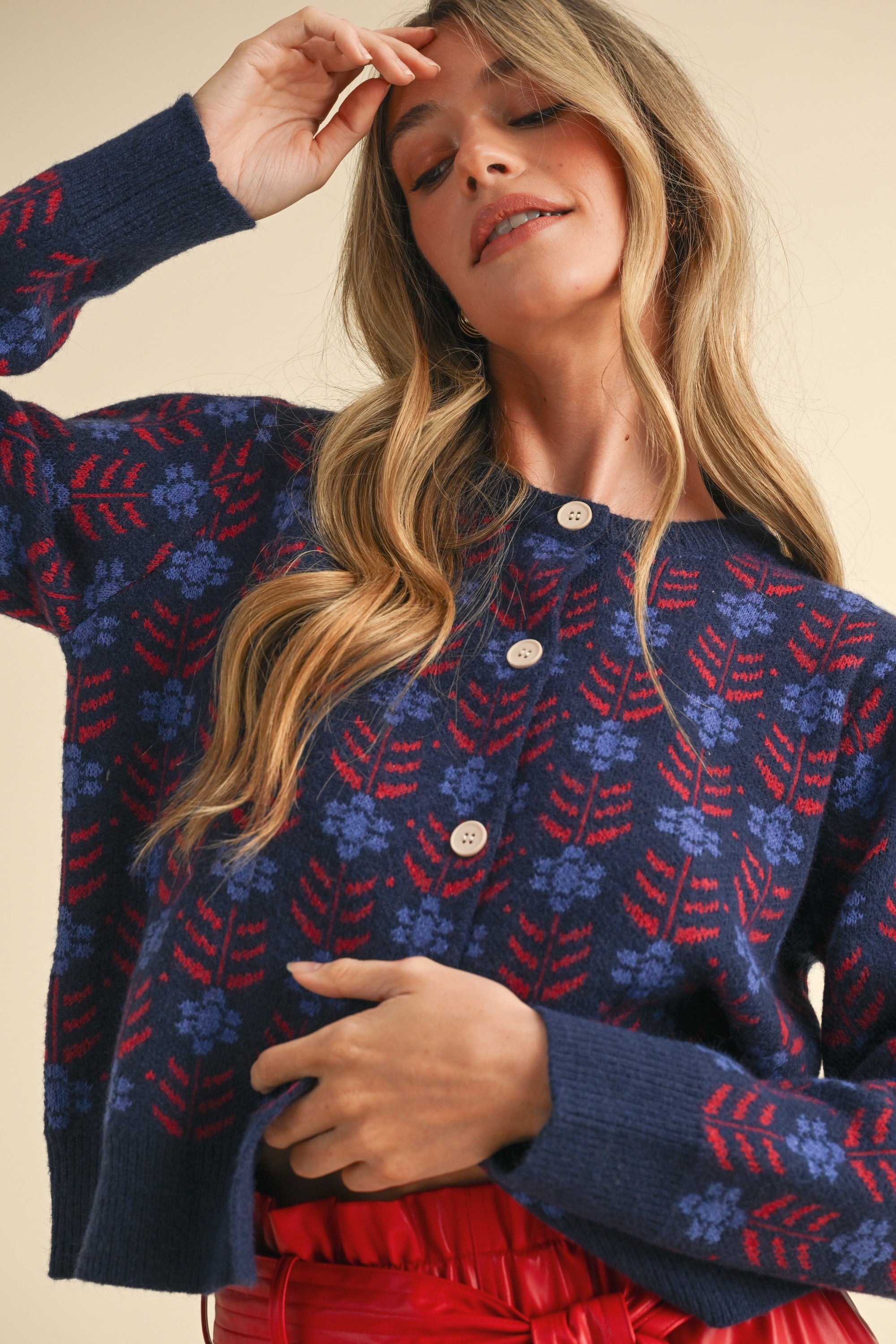 Floral Jacquard Button up Sweater Cardi Navy
