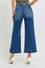 High Rise Ankle Wide Leg Tabbed Patch Pocket Jeans Dark