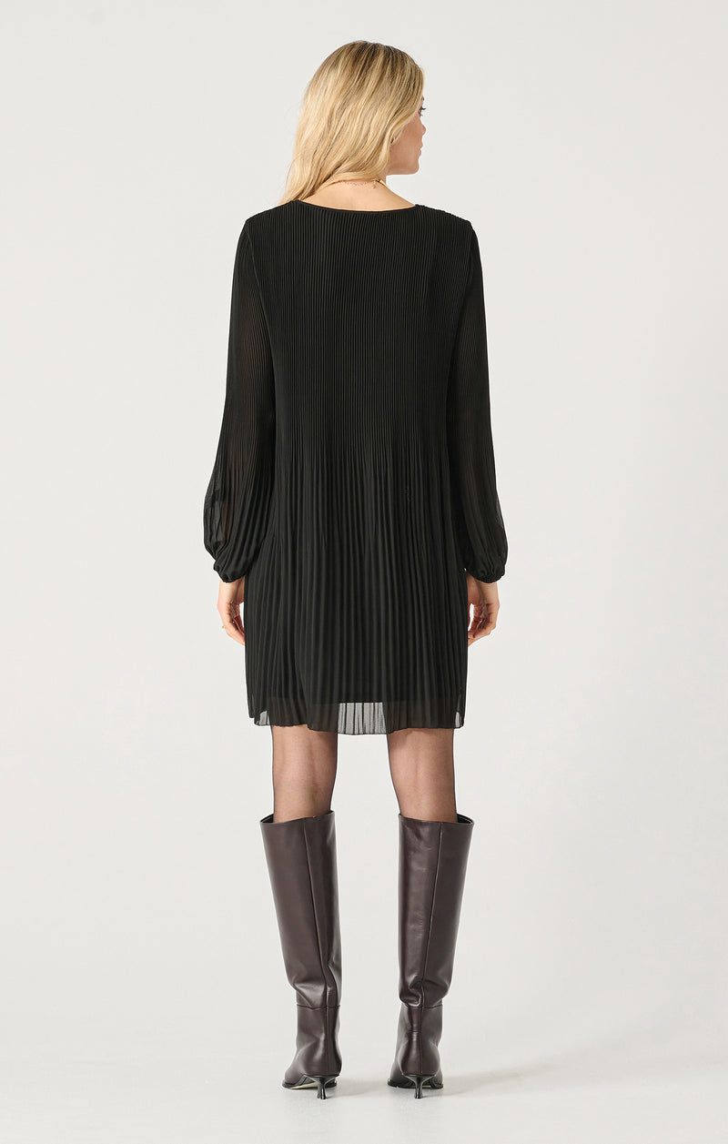 Pleated Long Sleeve Vneck Mini Dress Black