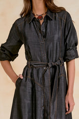 Washed Collared Long Sleeve Buttoned Maxi Dress Black Wash
