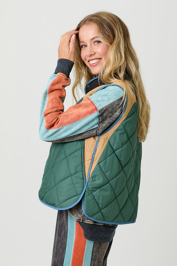 Colorblock Quilted Vest Green Mix