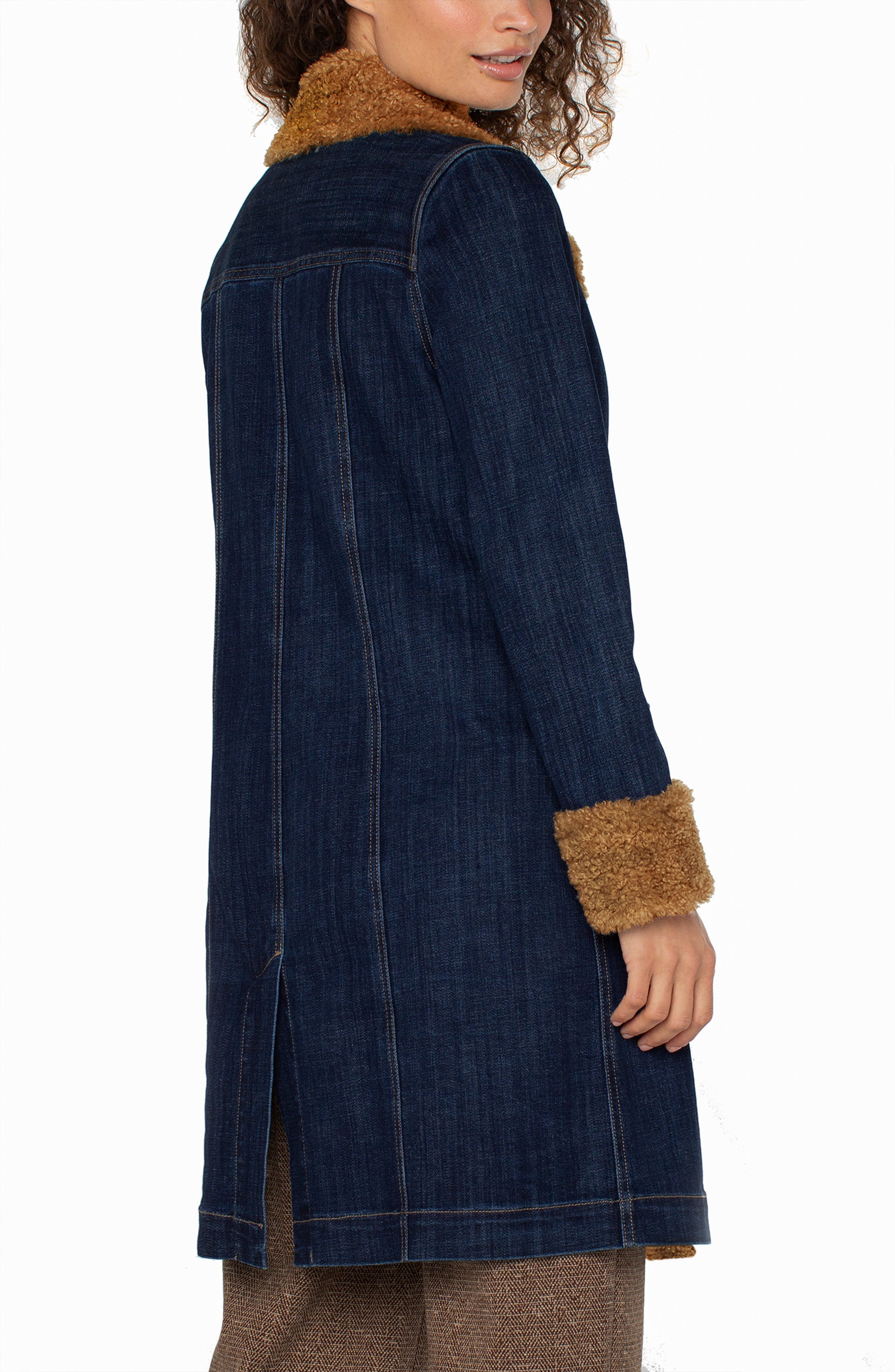 Sherpa Trimmed Notch Collar Long Denim Jacket Cinder Bloom