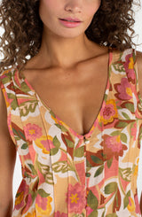 Pintuck Printed Woven Tank Tan Floral Multi
