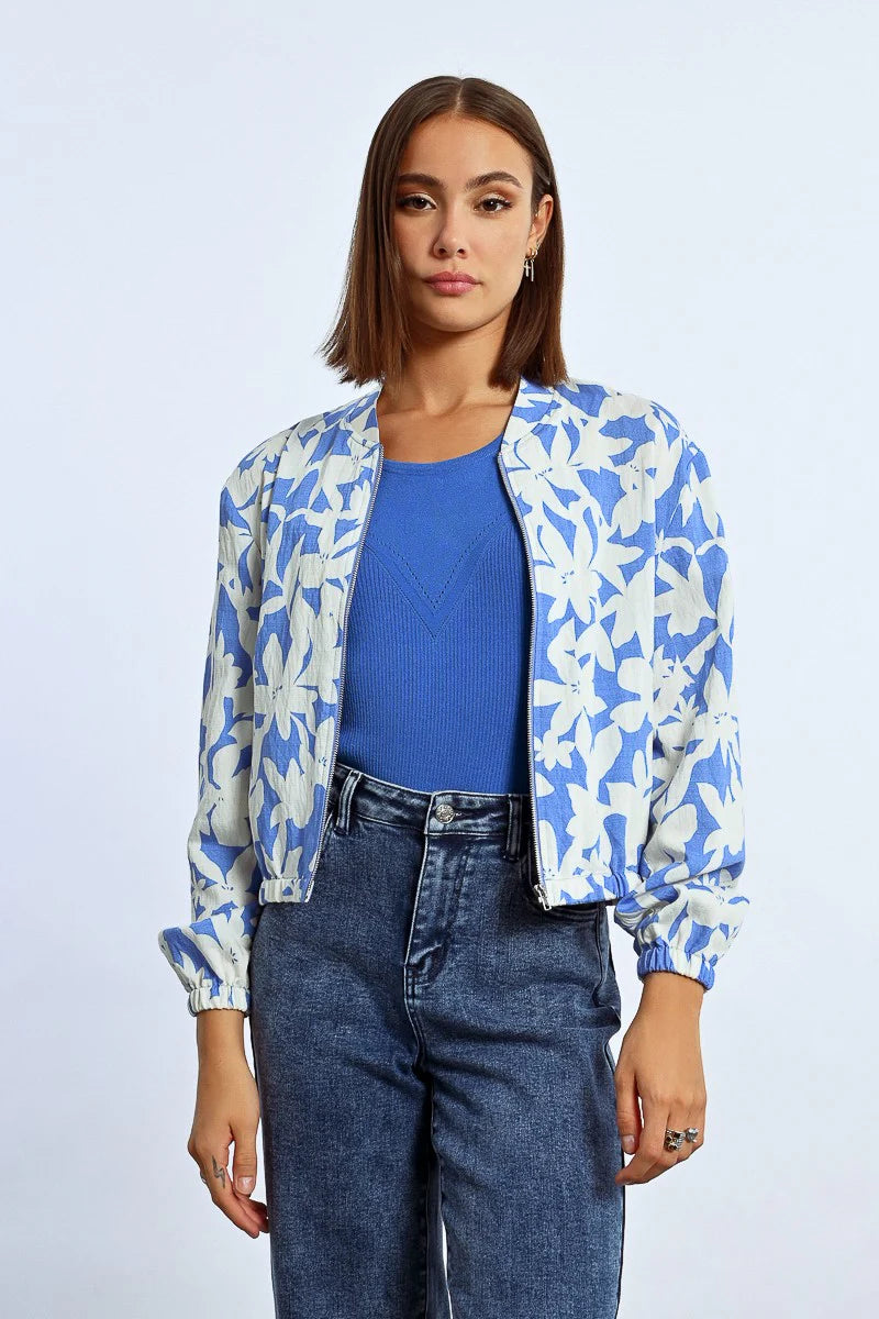 Collarless Floral Shadow Jacket Blue Holbox