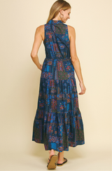 Ethnic Print Tiered Collared Maxi Dress Blue Multi