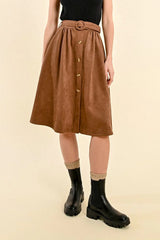 Suede Belted Button Detail Knee Length Skirt Chocolate