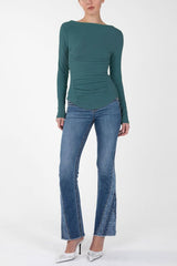 Ruched Detail Wide Neck Long Sleeve Top Teal Blue