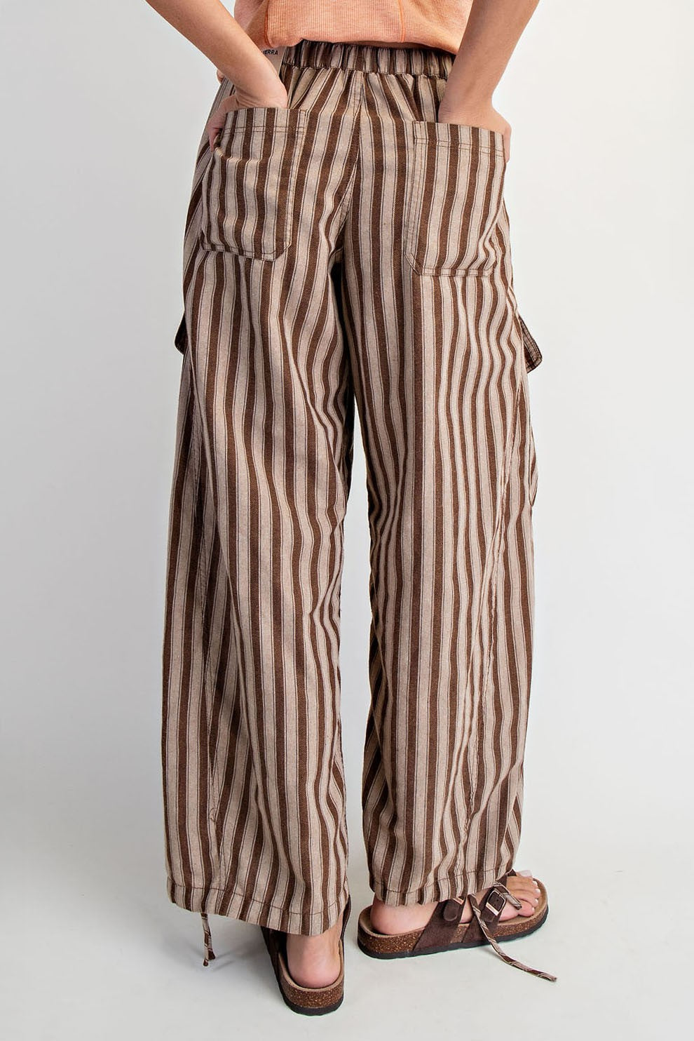 Striped Wide Leg Cargo Pants Taupe Stripe
