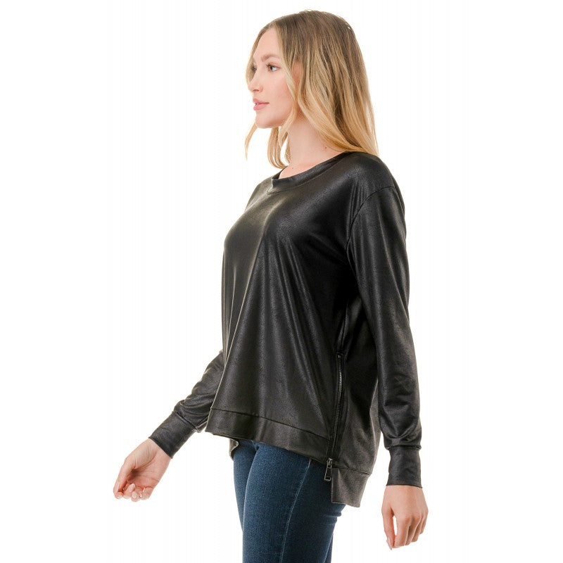 Zipper Detail High Low Leather Top Black