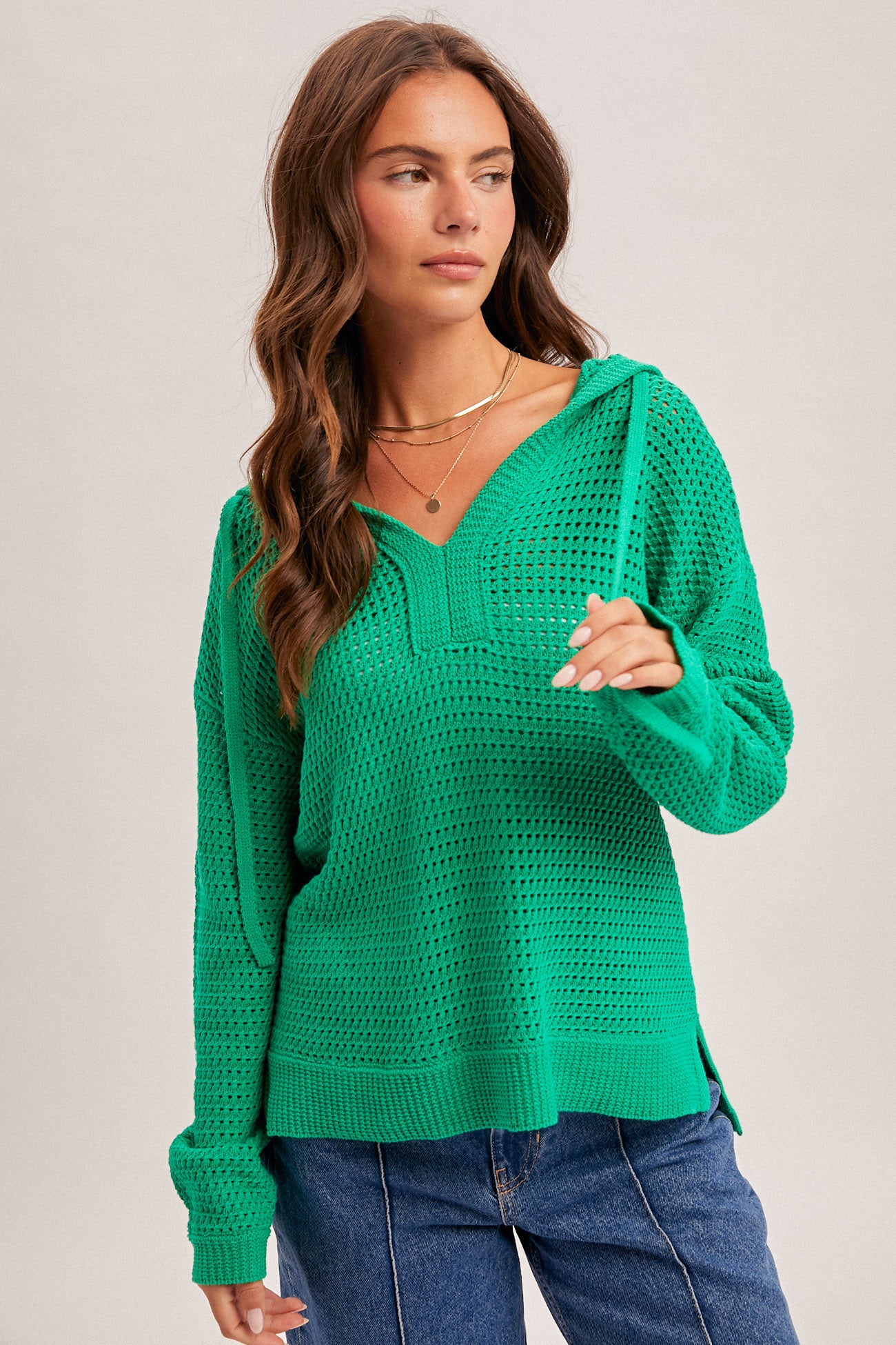 Loose Fit Vneck Open Knit Sweater Hoodie Green