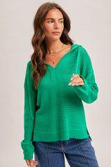Loose Fit Vneck Open Knit Sweater Hoodie Green