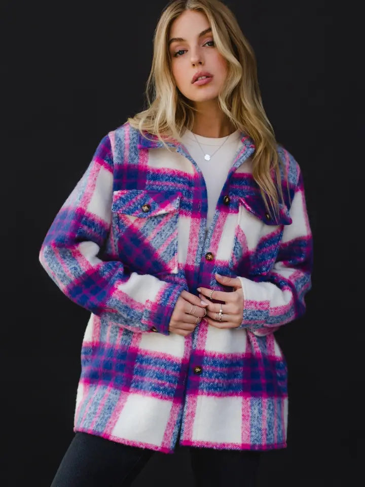 Buttoned Closure Plaid Shacket Blue, Pink + White