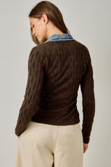 Denim Mixed Textured Knit Henley Top Chocolate Brown