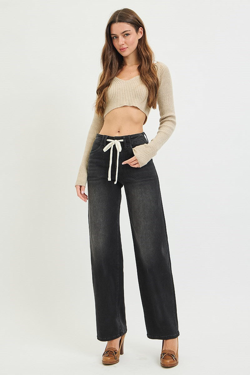 Tied Waistband High Rise Wide Baggy Jeans Washed Black