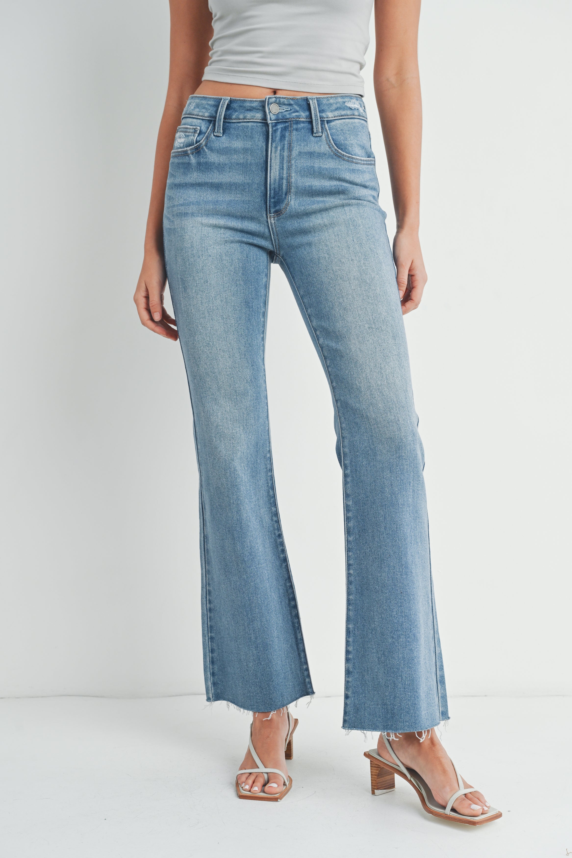 Distressed Raw Hem Flare Jeans Medium Denim