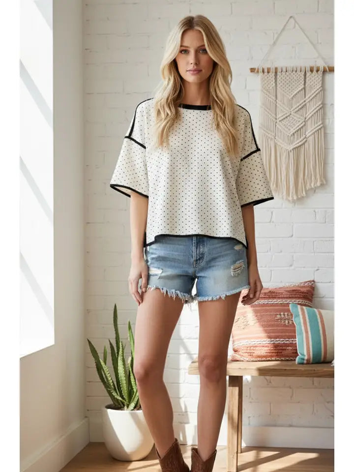 Polka Dot Contrast Top Cream