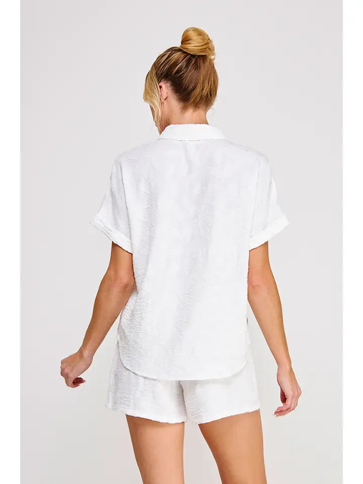 Breezy Jacquard Button Up Short Sleeve Shirt Off White