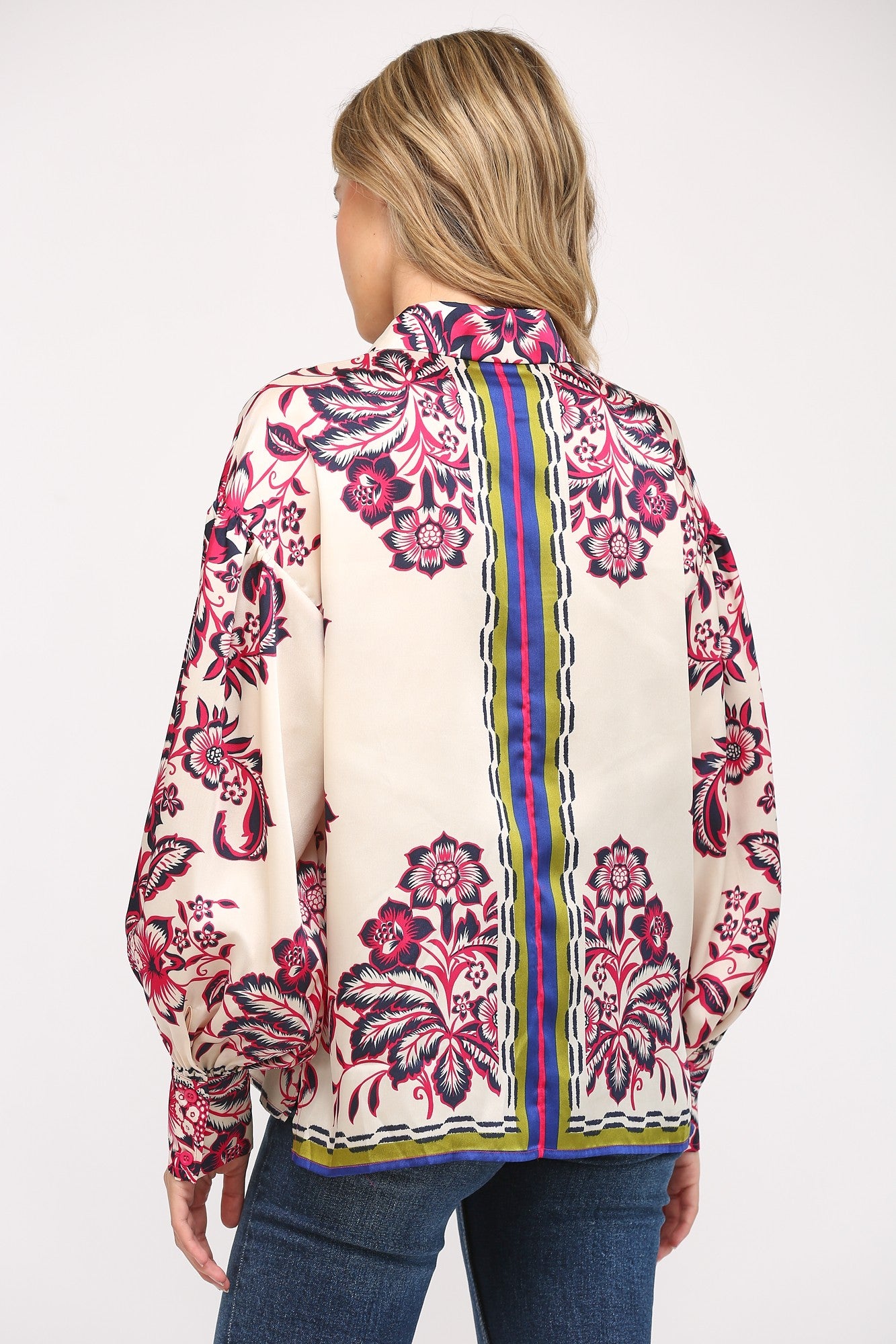 Printed Satin Button Down Shirt Magenta, Blue + Lime