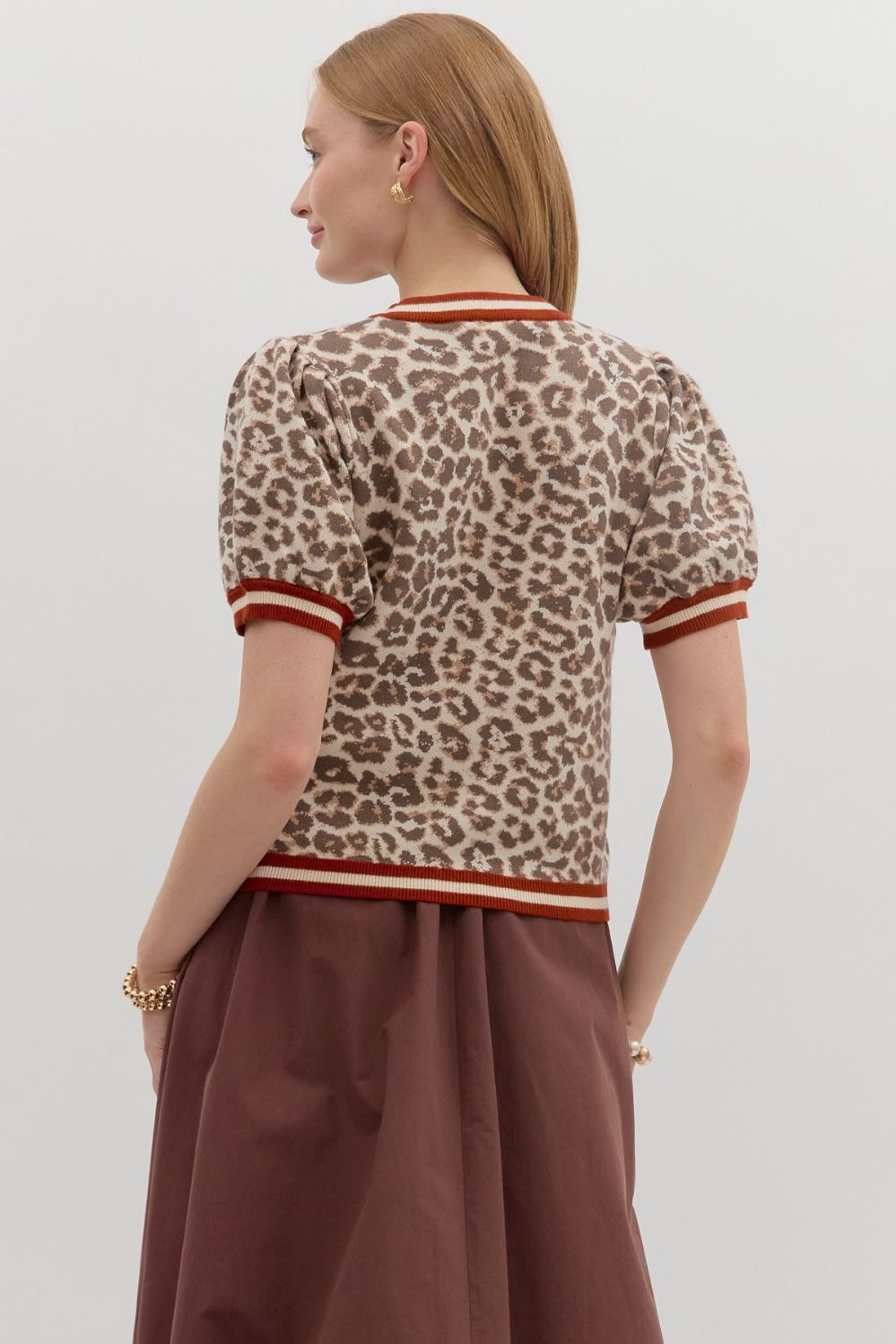 Leopard Pattern Short Puff Sleeve Banded Accent Top Ecru