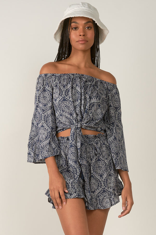 Tie Front Off Shoulder Printed Top Navy Natural Bandana