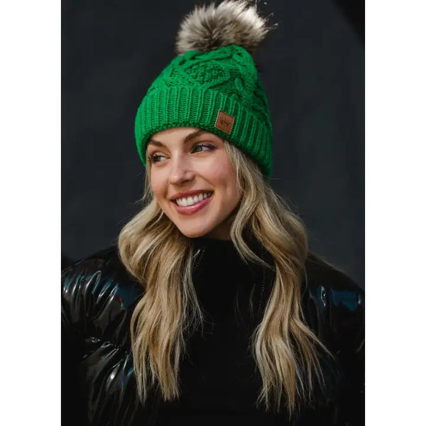 Cable Knit Natural Pom Hat Bright Green