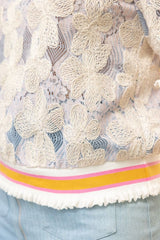 Striped Band Floral Embroidered Lace Top Lavender