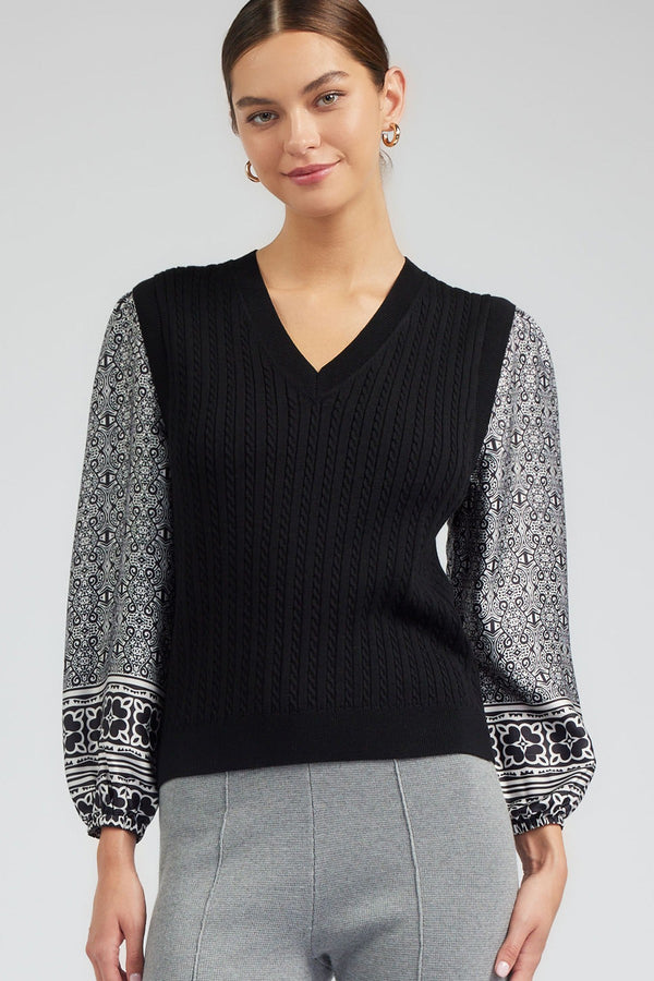 Printed Border Sleeve Cable Sweater Combo Top Black