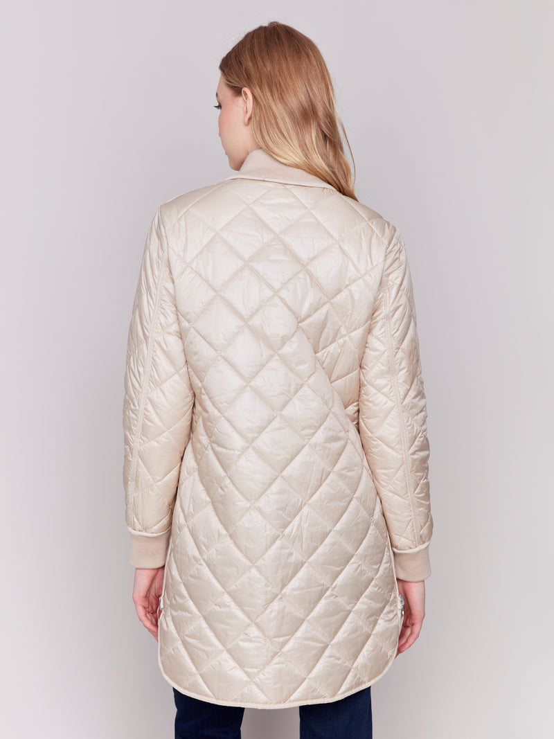 Leather Trim Reversible Quilted Puffer Jacket Champagne