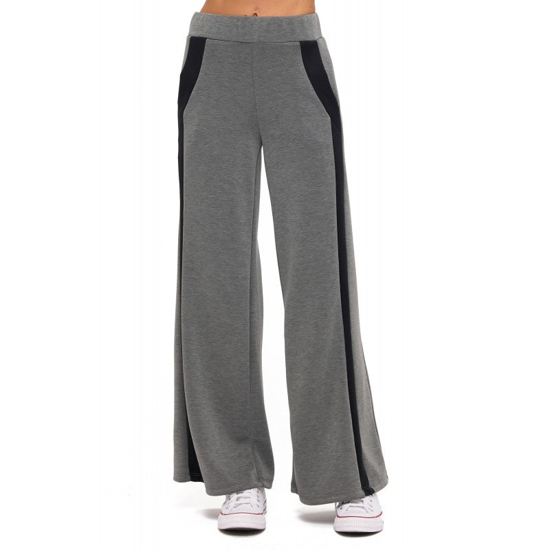 Contrast Panel Stripe Scuba Wide Leg Pants Charcoal + Black