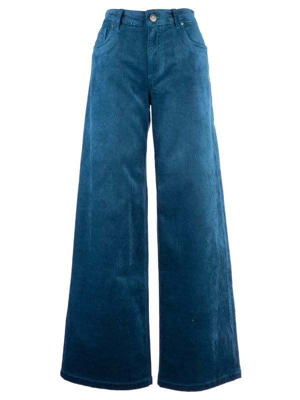 Jean High Rise Wide Leg Clean Hem Velvet Pants Teal Blue