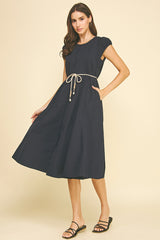 Rope Belt Stitched Seam Detail Midi Dress Navy